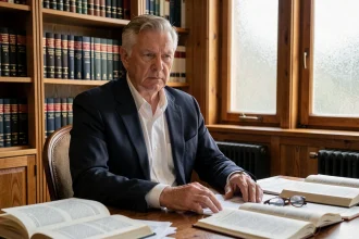 Homme distingué d'une soixantaine d'années assis à un bureau d'étude entouré de livres et documents, air pensif et fatigué, symbolisant la maladie et la réflexion intellectuelle