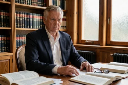 Homme distingué d'une soixantaine d'années assis à un bureau d'étude entouré de livres et documents, air pensif et fatigué, symbolisant la maladie et la réflexion intellectuelle