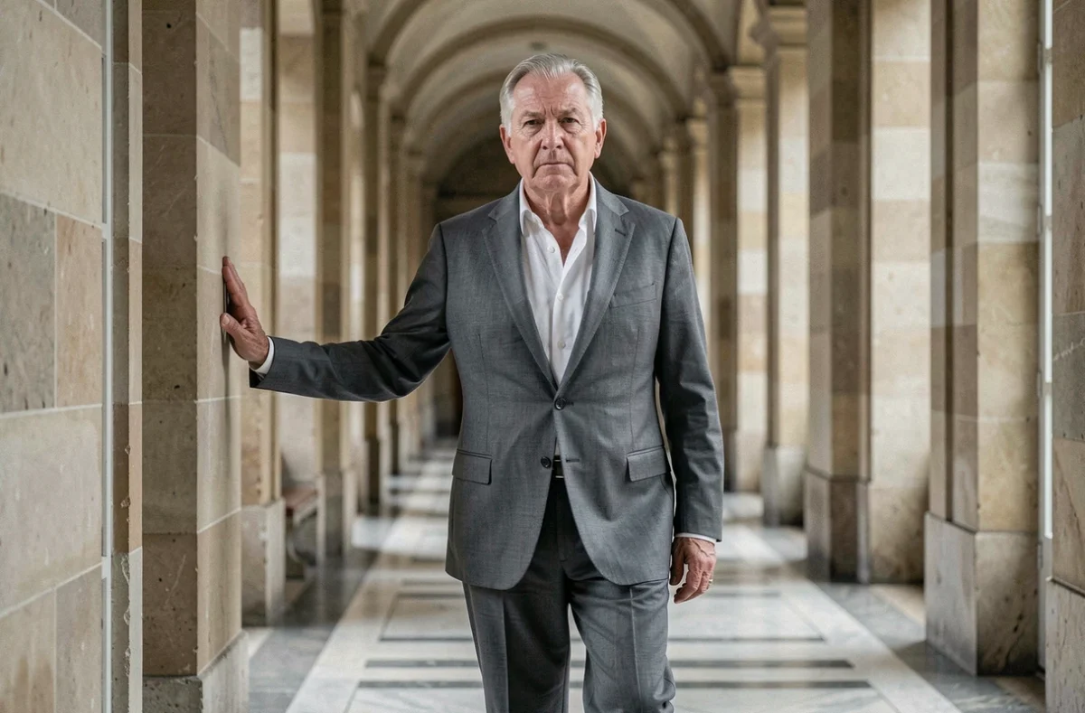 Homme âgé en costume gris marchant dans un couloir institutionnel parisien avec une posture légèrement fatiguée, évoquant la maladie et la continuité de l'engagement public
