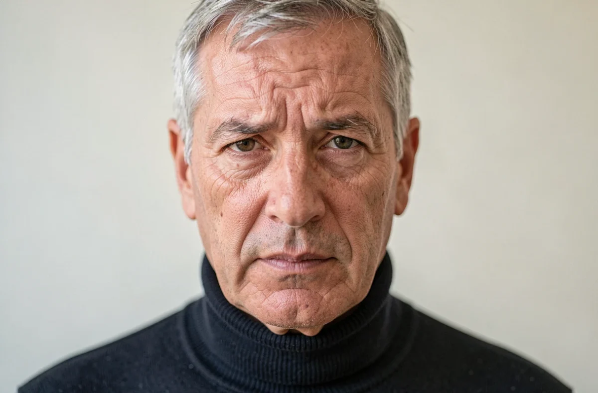 Portrait rapproché d'un homme âgé aux cheveux gris arborant une expression sereine mais marquée par la fatigue, en pull col roulé sombre, évoquant la maladie avec dignité et sobriété