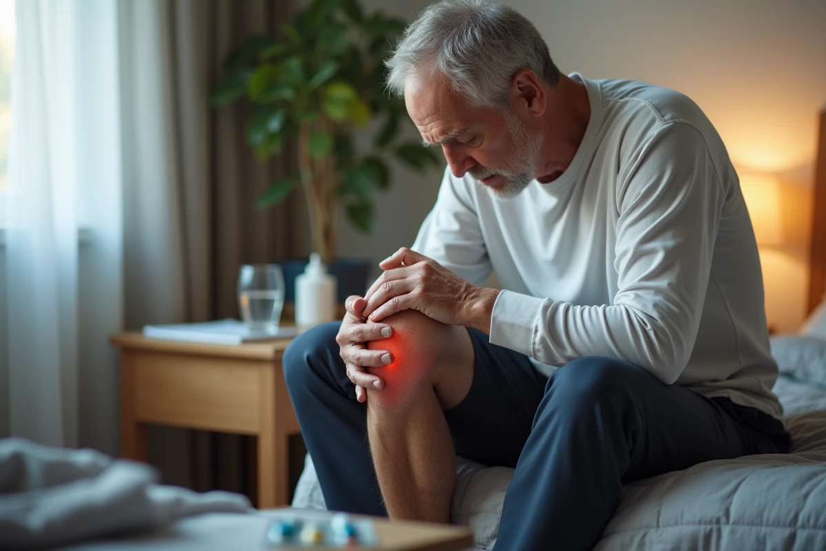 Homme âgé assis sur son lit regardant son genou enflé et douloureux, symbolisant les erreurs courantes qui aggravent l'algoneurodystrophie