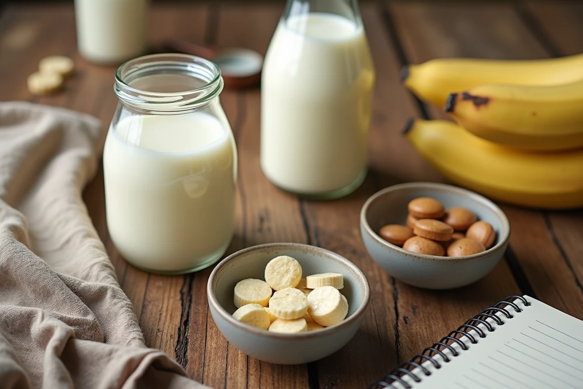 Aliments probiotiques naturels et compléments alimentaires en gélules sur une table en bois pour traiter la constipation chronique