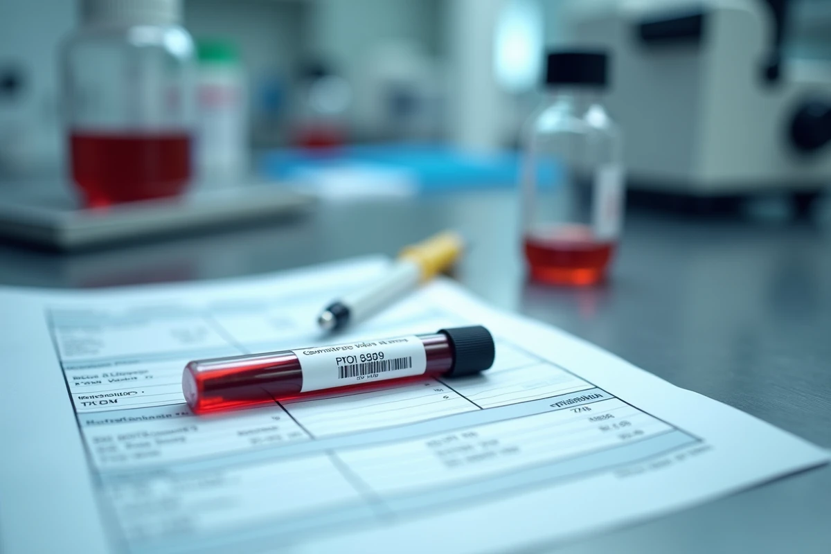 Tube de prise de sang et rapport d'analyse hématologique montrant un TCMH bas en laboratoire médical