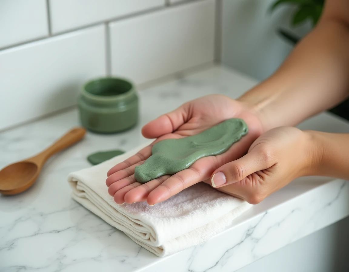 Application d'un emplâtre d'argile verte maison sur l'avant-bras avec une spatule en bois sur une étagère en marbre