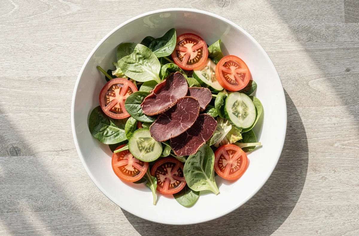 Assiette de salade composée avec quelques tranches de viande séchée