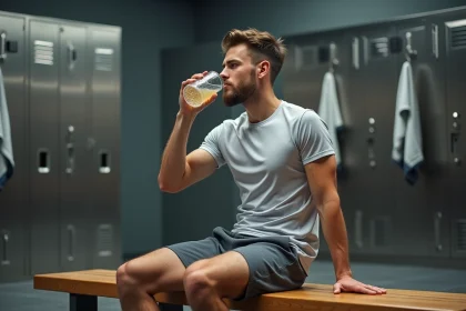 Jeune athl&egrave;te homme buvant de l'eau de riz apr&egrave;s l'entra&icirc;nement