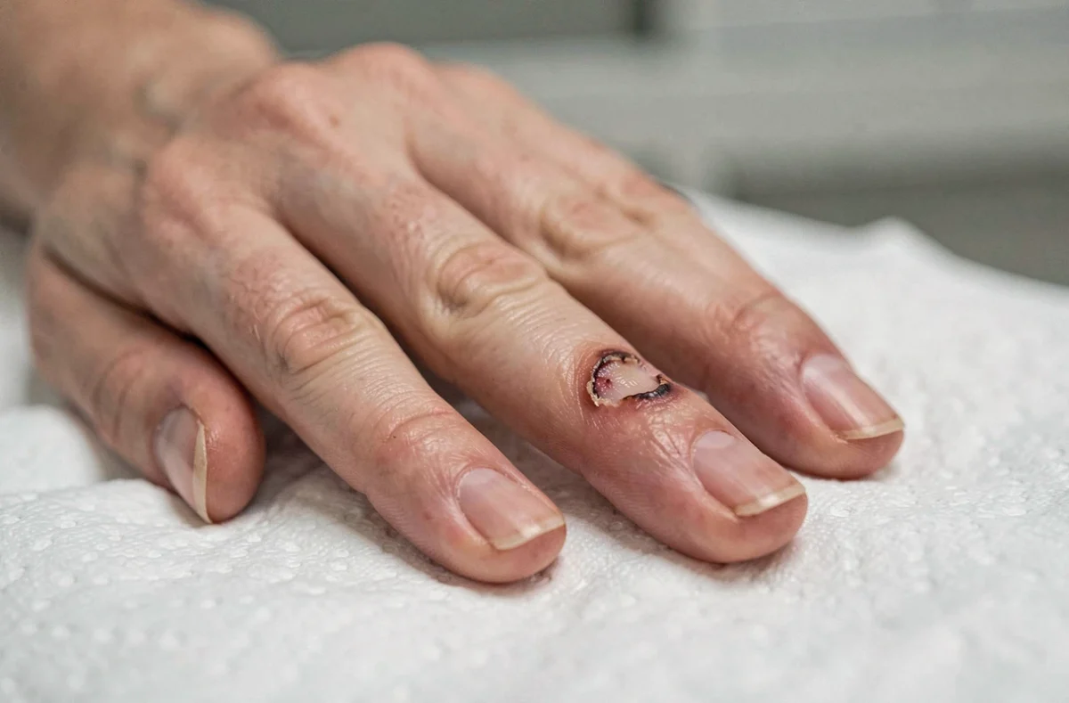 Gros plan sur un ongle abîmé avec atteinte matricielle visible sur la main d'une femme adulte, posée sur une table d'examen médicale