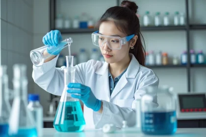 Étudiante en chimie versant une solution concentrée dans une fiole jaugée lors d'un calcul de concentration en laboratoire
