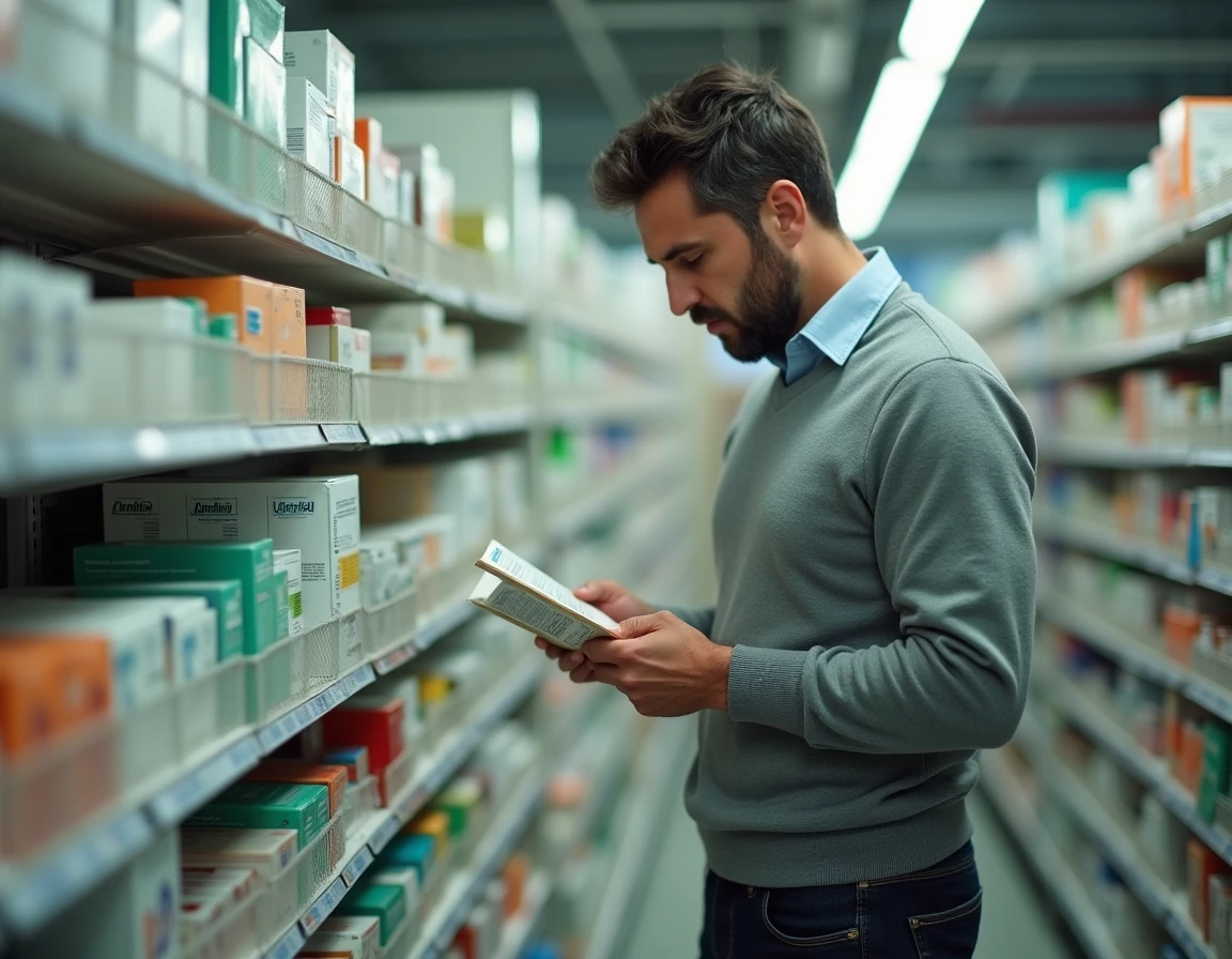 Client lisant attentivement l'étiquette d'un produit Indiva System dans le rayon complément alimentaire d'une pharmacie