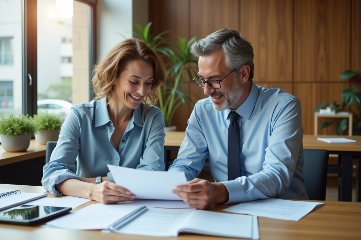 Deux professionnels examinant des documents dans un bureau lumineux