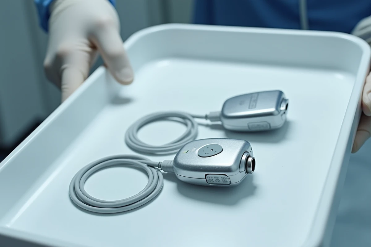 Comparaison côte à côte d'un pacemaker et d'un défibrillateur cardiaque implantable posés sur un plateau médical stérile