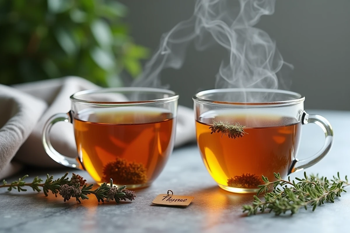 Comparaison de deux tisanes de thym bio et sauvage dans des verres posés sur une surface en pierre
