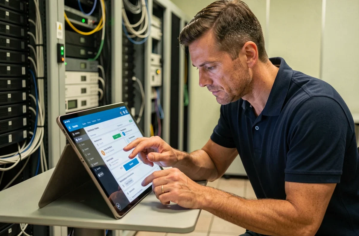 Technicien informatique médical ajustant les paramètres du logiciel d.netsoins sur une tablette dans une salle serveur de clinique
