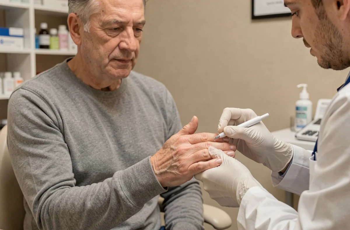 Patient adulte consultant un dermatologue pour examiner des ongles présentant des symptômes d'atteinte matricielle dans un cabinet médical