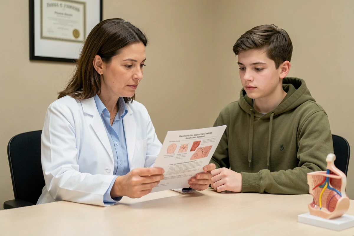 Dermatologue expliquant les précautions sur les verrues séborrhéiques à un adolescent en consultation médicale
