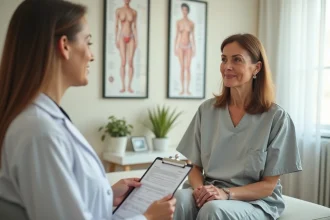 Femme de 40 ans en consultation gynécologique discutant des changements corporels liés à l'âge avec sa médecin
