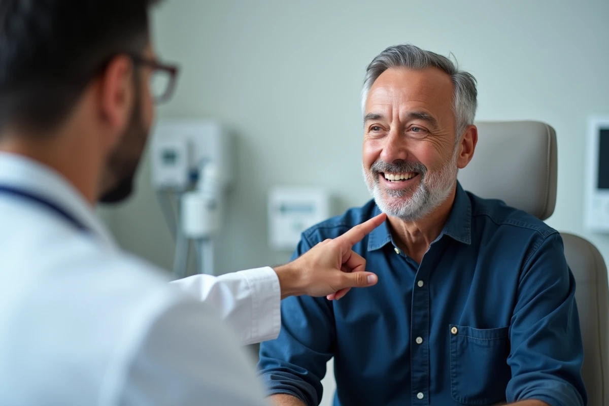 Patient montrant un ganglion du cou côté gauche à un médecin lors d'une consultation médicale