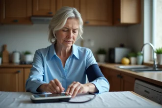 Femme d'âge moyen vérifiant sa tension artérielle à la maison