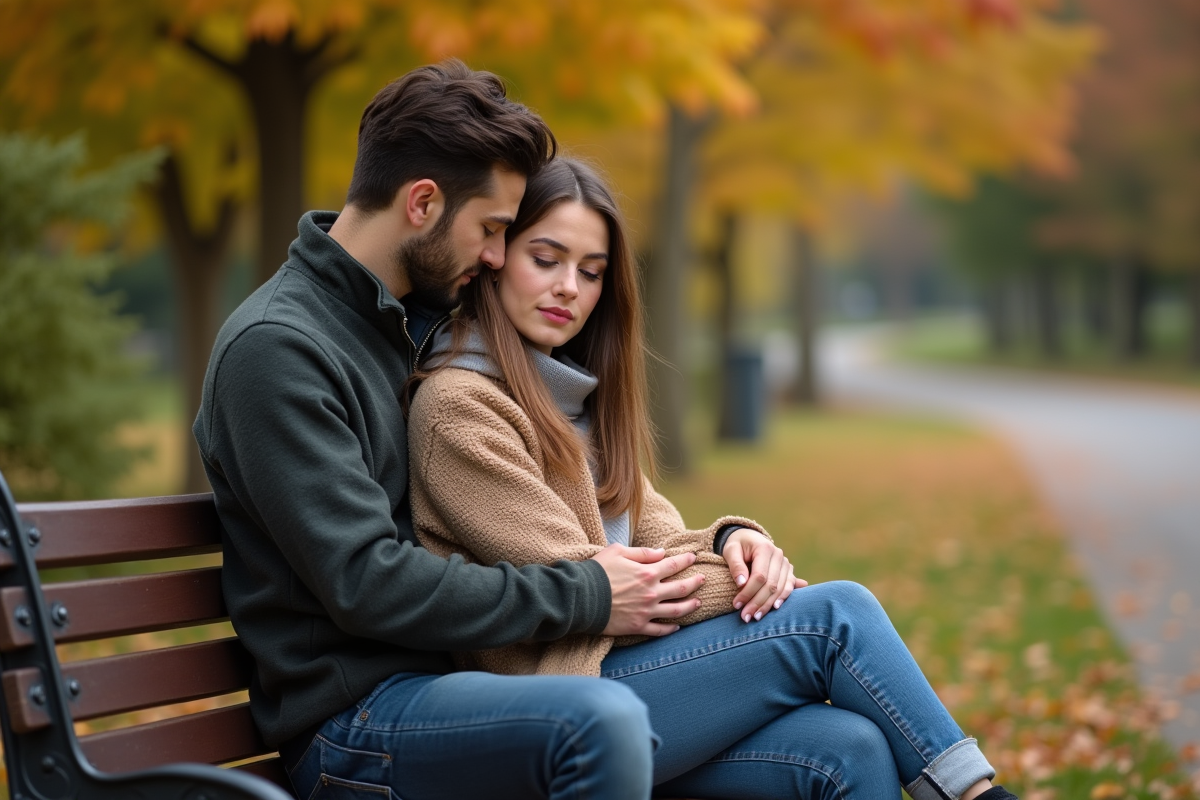 Couple assis sur un banc de parc en automne