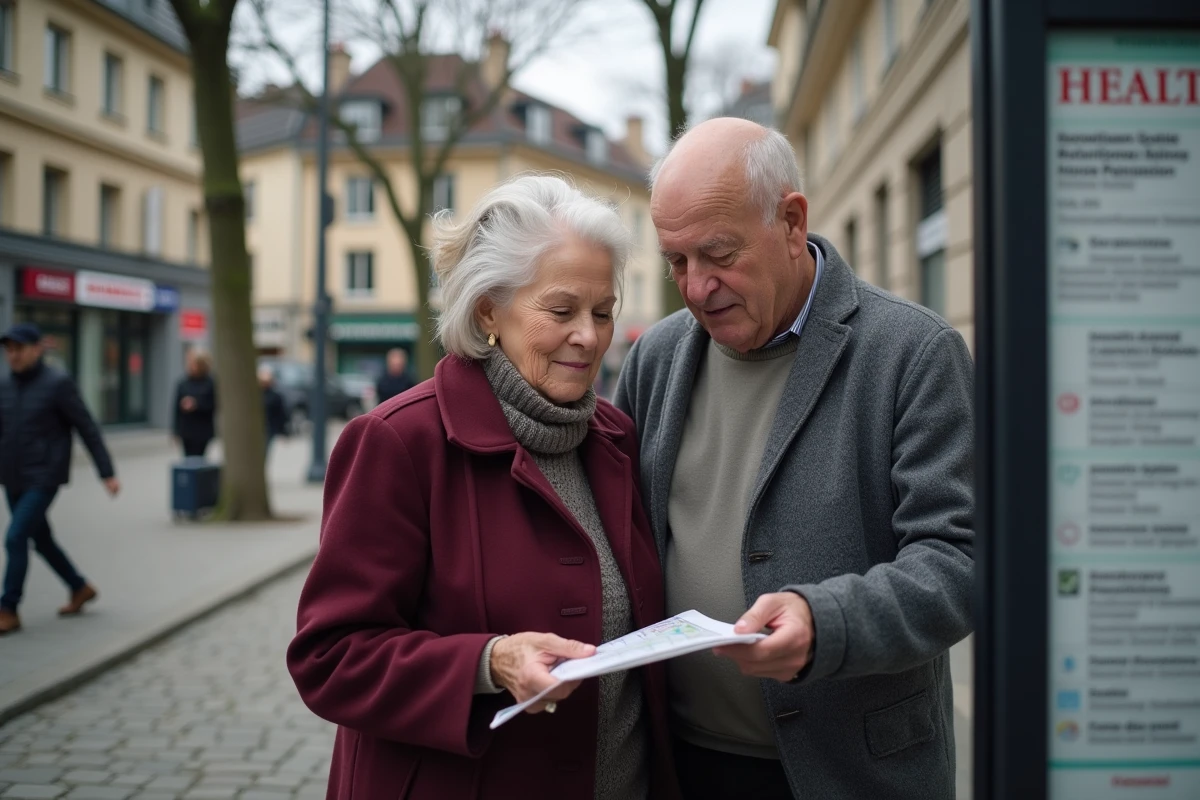 Couple de seniors consultant un panneau d'informations pour trouver une adresse CPAM dans les Hauts-de-Seine