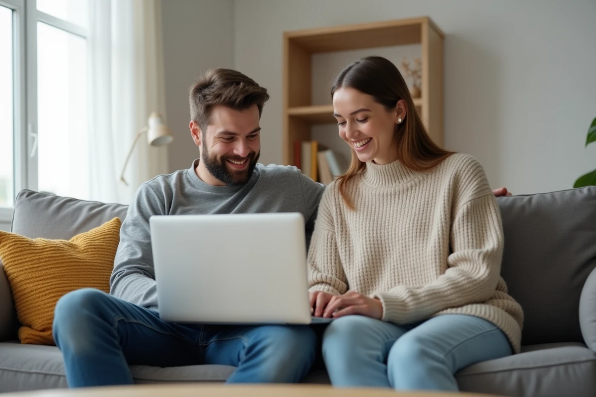Couple consultant le suivi en temps réel des remboursements de leur mutuelle Plansante NoveoCare sur ordinateur portable