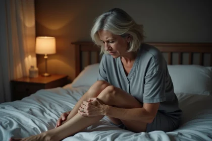 Femme d'âge mûr assise au bord du lit la nuit, se tenant le mollet en raison d'une crampe nocturne douloureuse