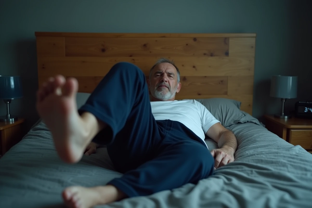 Homme senior allongé dans son lit la nuit, jambe levée et pied fléchi pour soulager une crampe nocturne dans le mollet