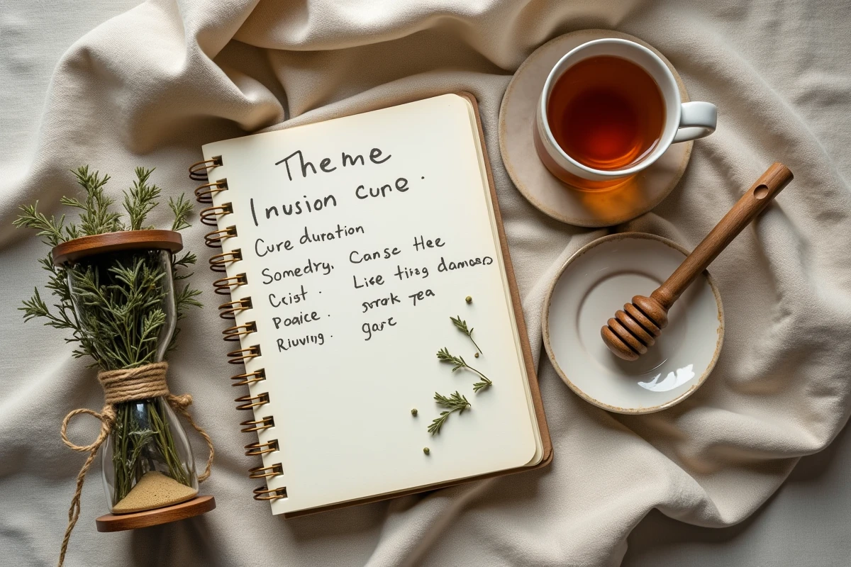 Vue aérienne d'une cure d'infusion de thym avec journal de suivi, thym séché, sablier et tasse de tisane sur nappe en lin