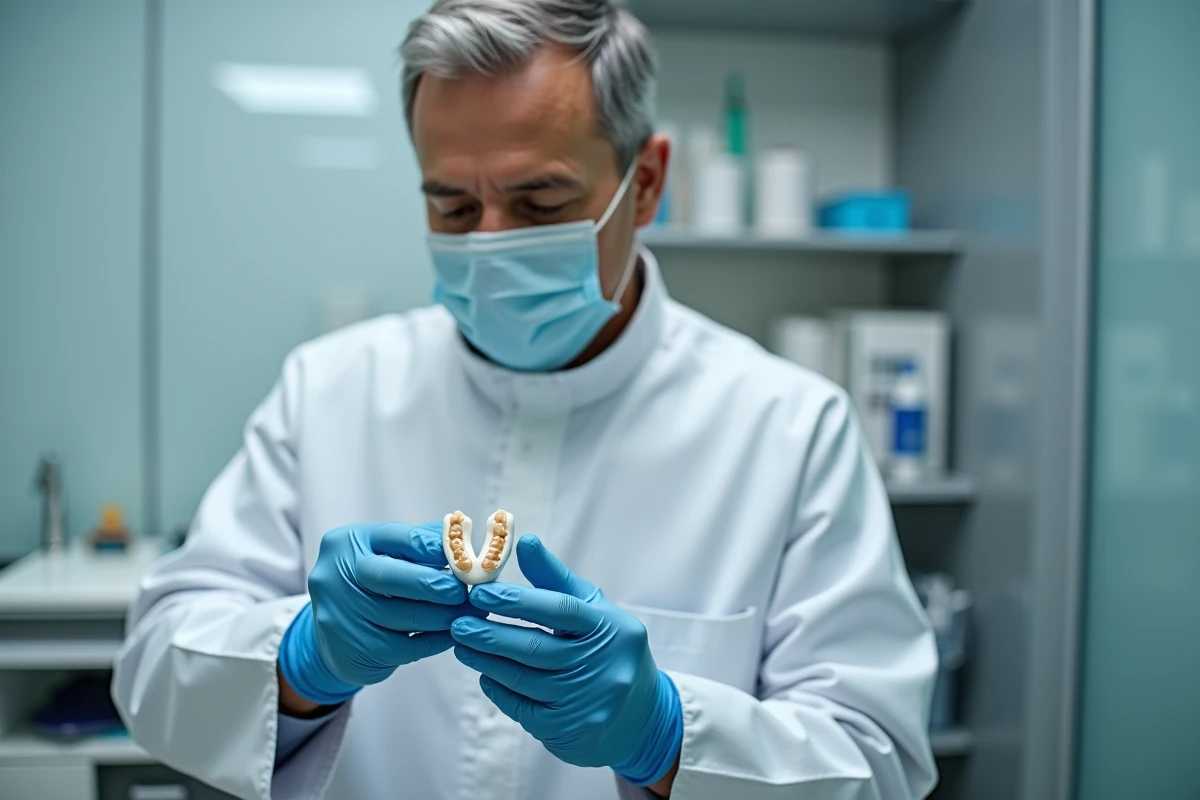Dentiste examinant un bridge dentaire en céramique