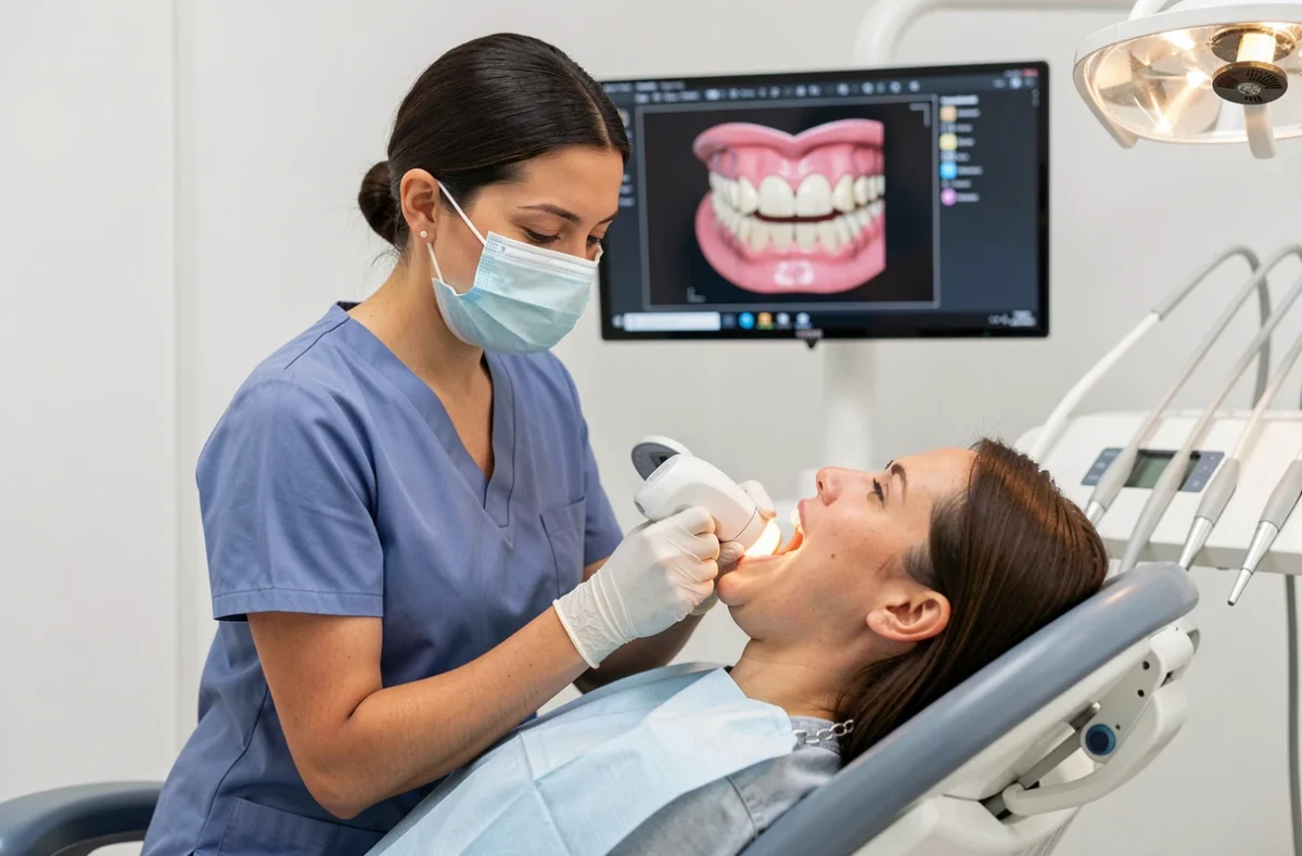 Dentiste utilisant un scanner intraoral pour une empreinte numérique 3D en cabinet dentaire moderne