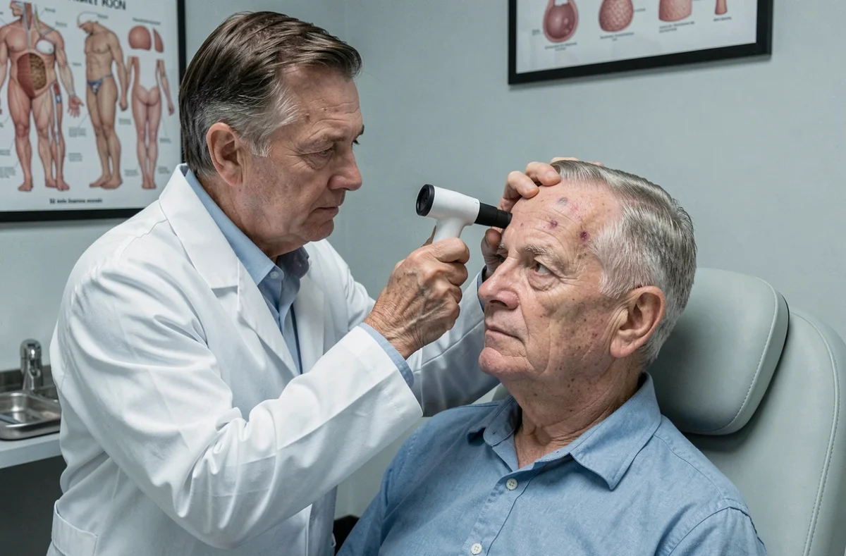 Dermatologue examinant une verrue séborrhéique sur le front d'un patient avec un dermatoscope