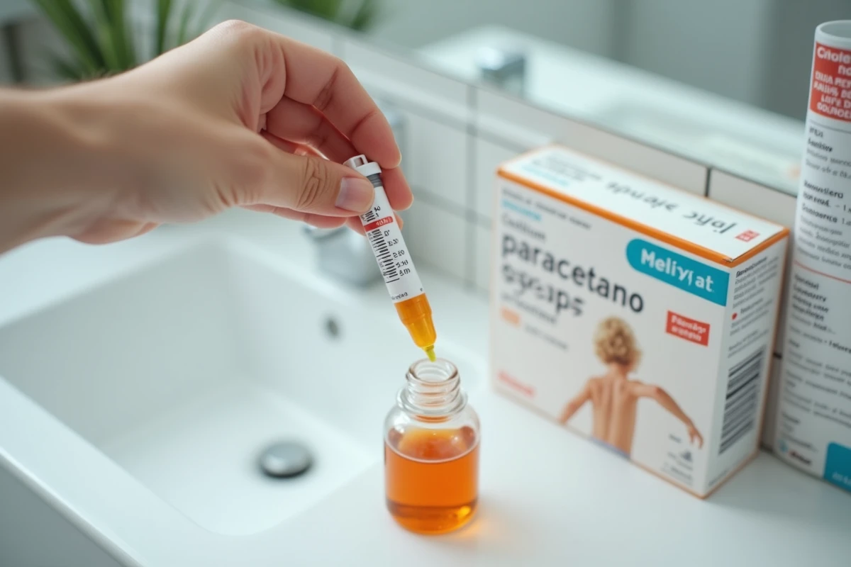 Dosage de sirop de paracétamol pédiatrique en seringue sur un comptoir de salle de bain