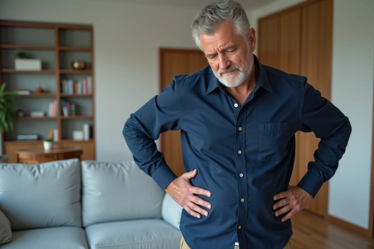 Homme d'une cinquantaine d'années souffrant d'une douleur à droite sous les côtes dans un salon moderne