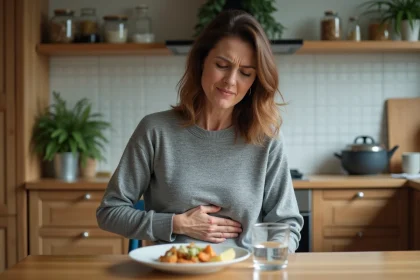 Femme ressentant une douleur sous les côtes à droite après un repas, assise à une table de cuisine