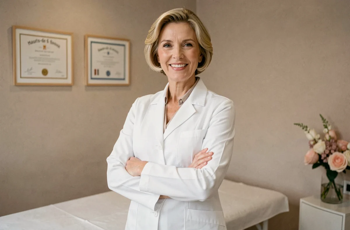 Chirurgienne esthétique féminine souriante dans son cabinet médical dans les Hauts-de-Seine