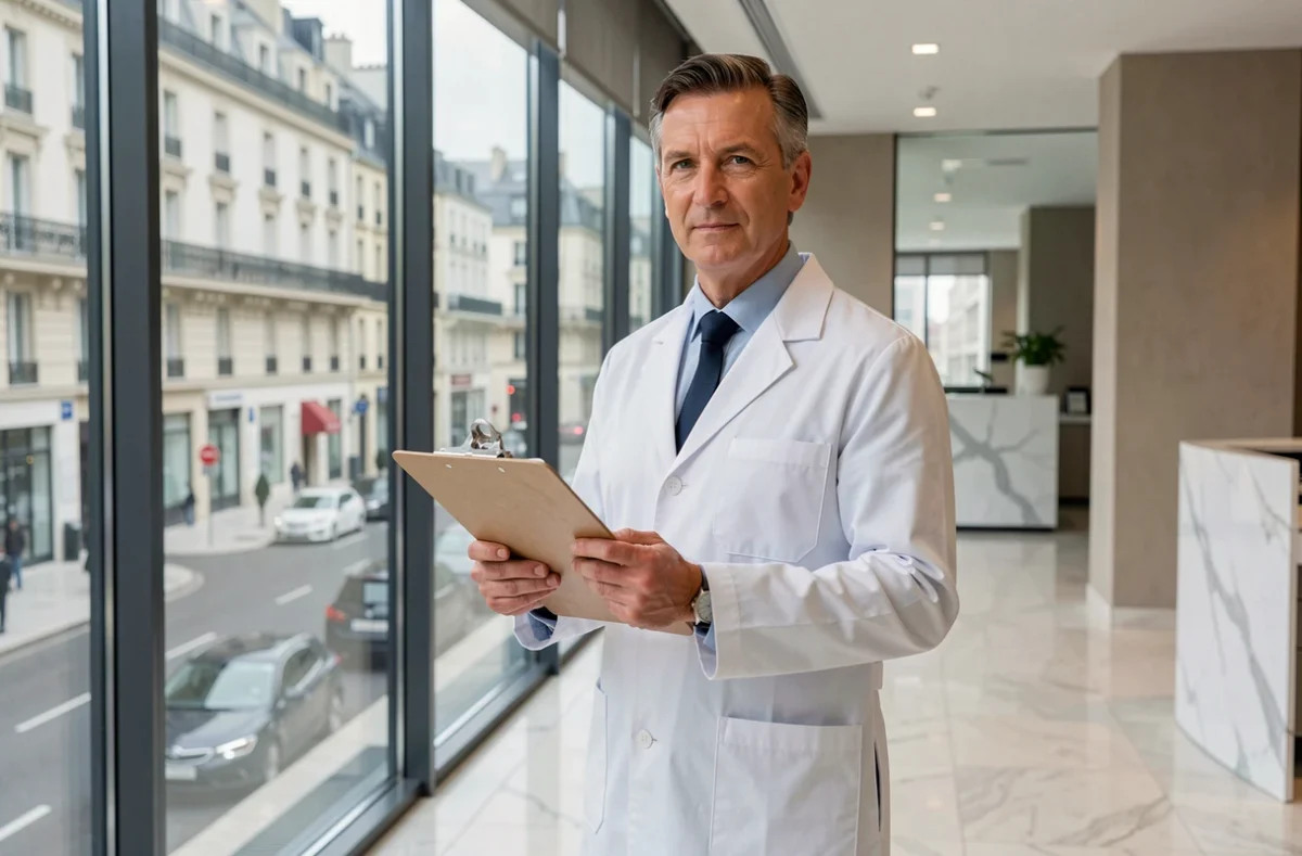 Chirurgien esthétique élégant dans son cabinet avec vue sur Neuilly-sur-Seine