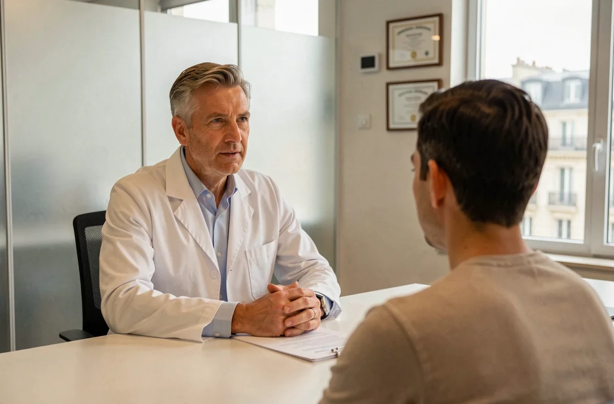 Chirurgien esthétique en consultation avec un patient dans son cabinet à Levallois-Perret