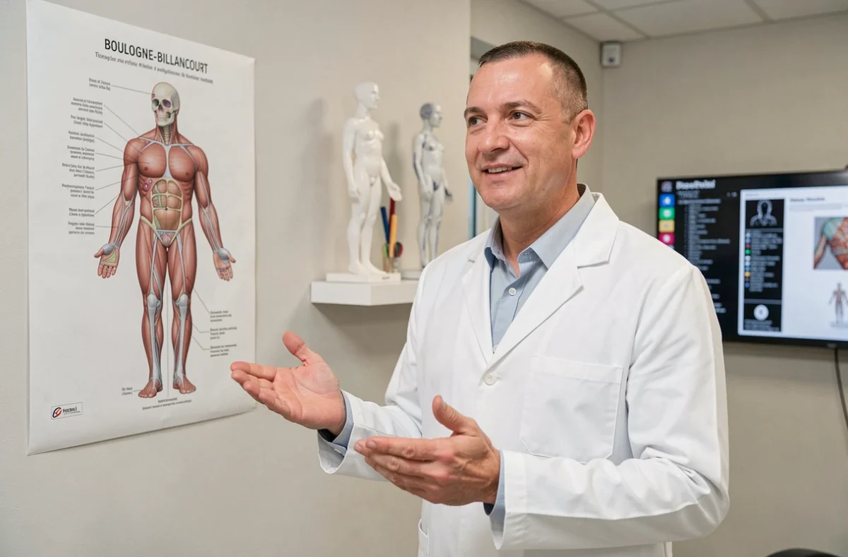 Chirurgien esthétique expliquant une technique chirurgicale dans son cabinet à Boulogne-Billancourt
