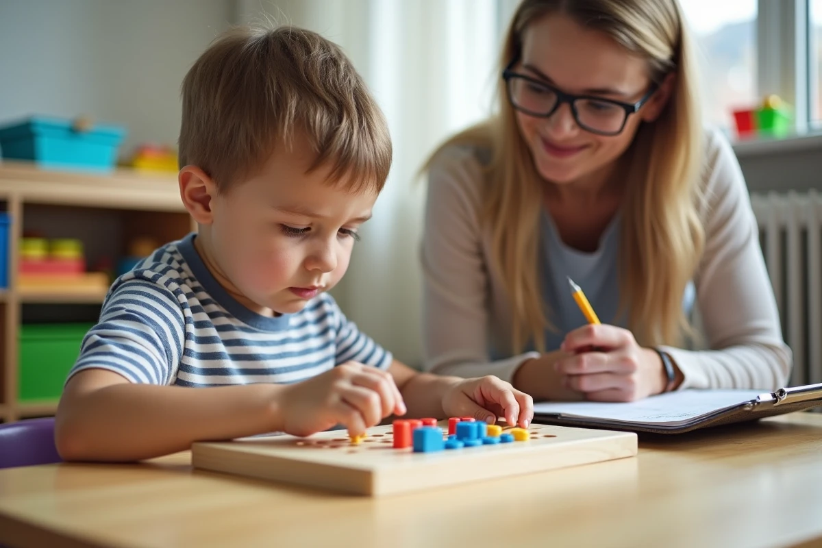 Enfant réalisant une activité de motricité fine sous l'observation d'une ergothérapeute lors d'un bilan