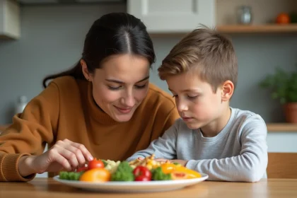 Gar&ccedil;on et m&egrave;re regardant un plat sain &agrave; la cuisine