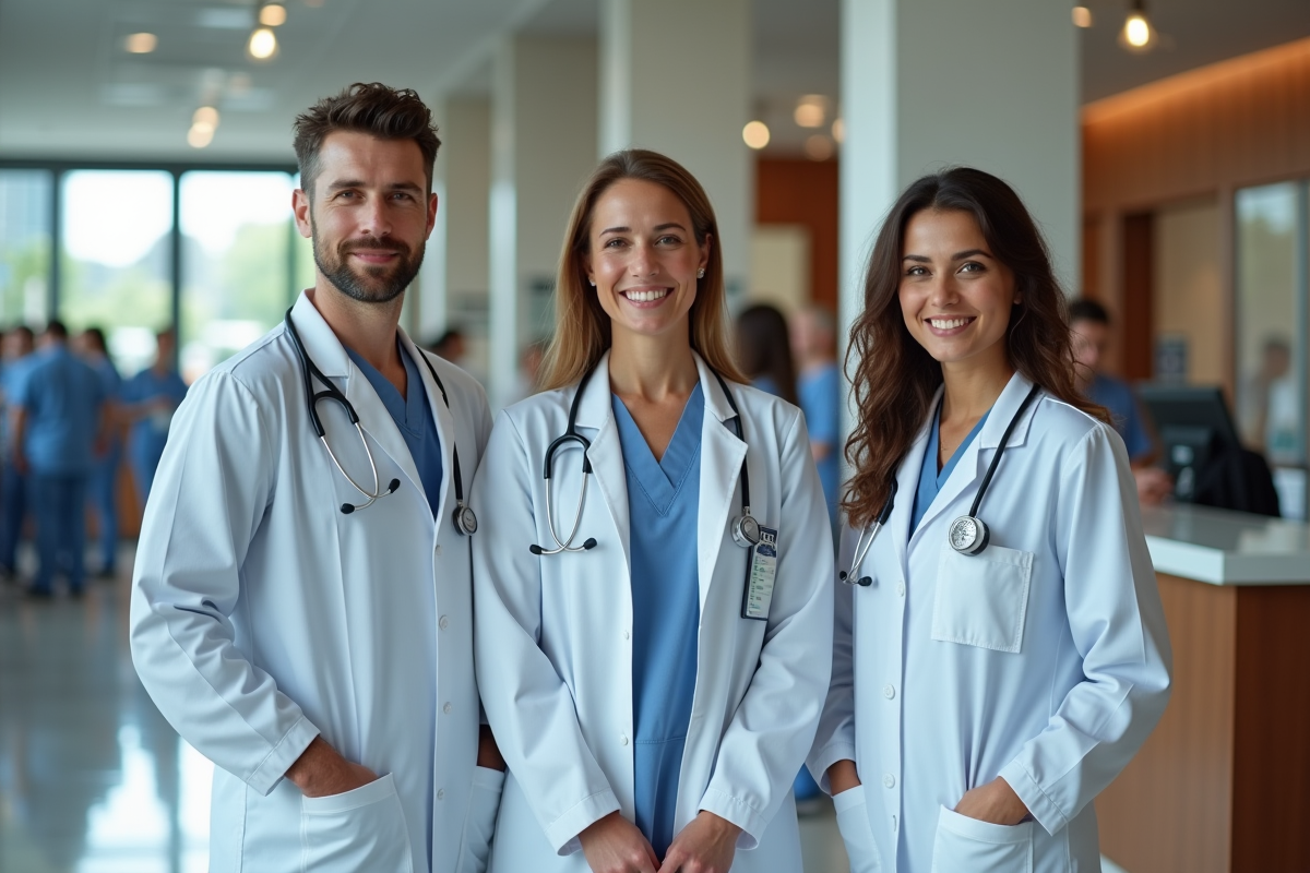 Équipe médicale diversifiée devant un accueil hospitalier