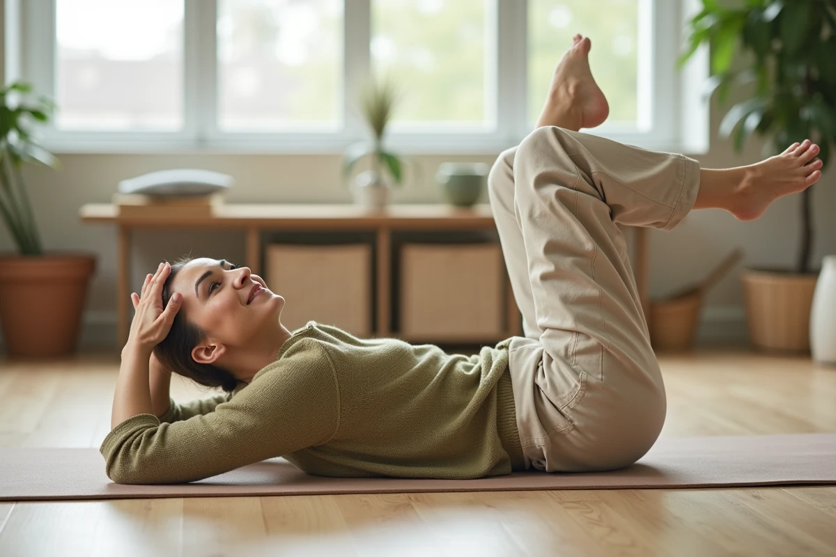 Femme effectuant un étirement du piriforme sur tapis de yoga pour soulager la douleur fessière et les lombaires bloquées