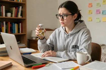 Étudiante tenant un flacon de complément alimentaire calmant pendant les révisions d'examens