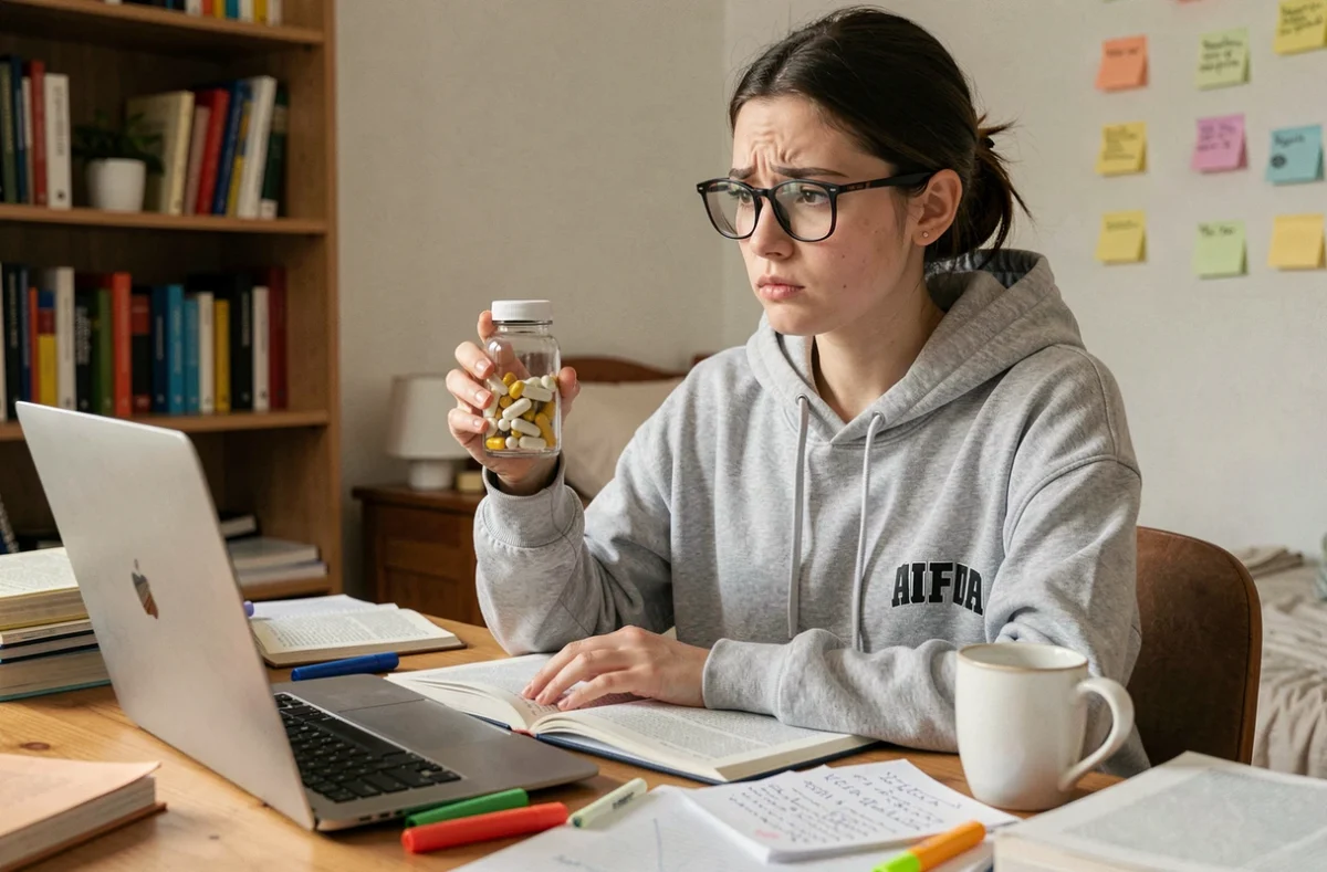 Étudiante tenant un flacon de complément alimentaire calmant pendant les révisions d'examens
