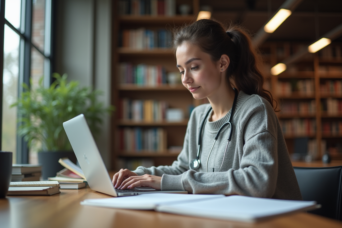 Jeune étudiante en médecine travaillant sur un ordinateur
