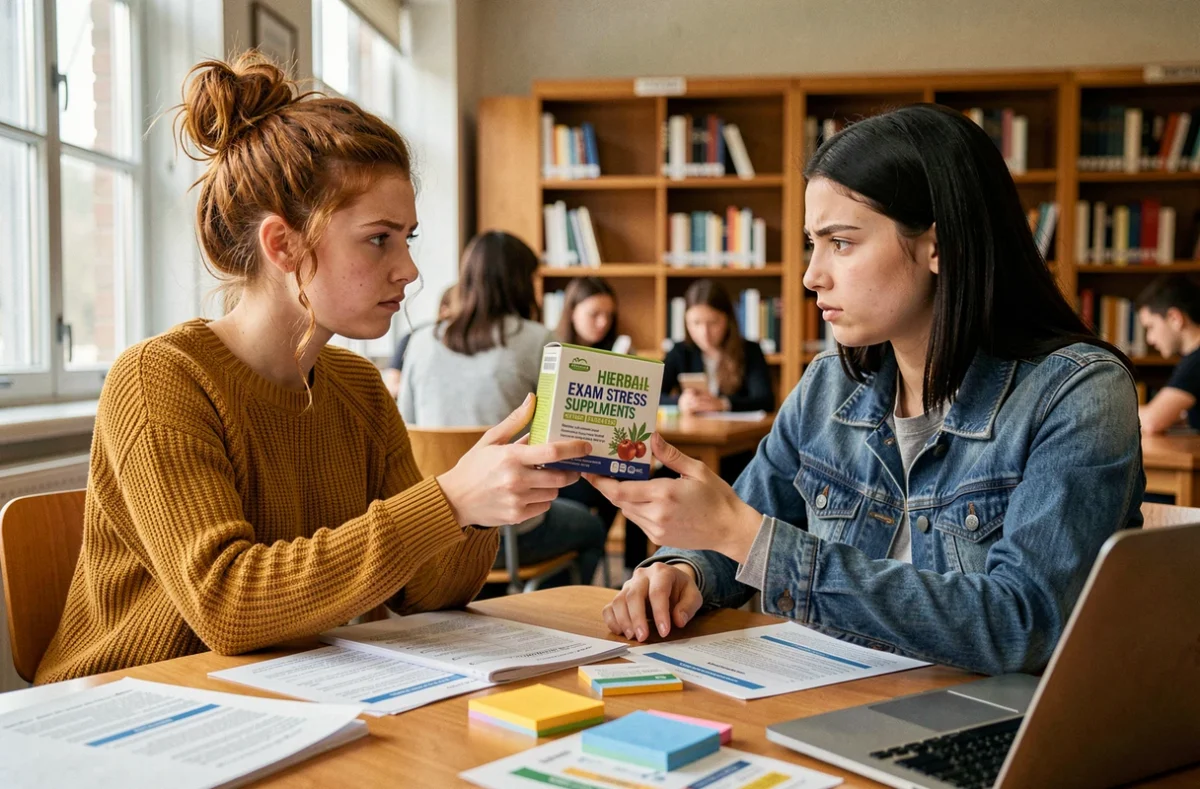 Deux étudiantes en bibliothèque examinant une boîte de compléments naturels contre le stress des examens