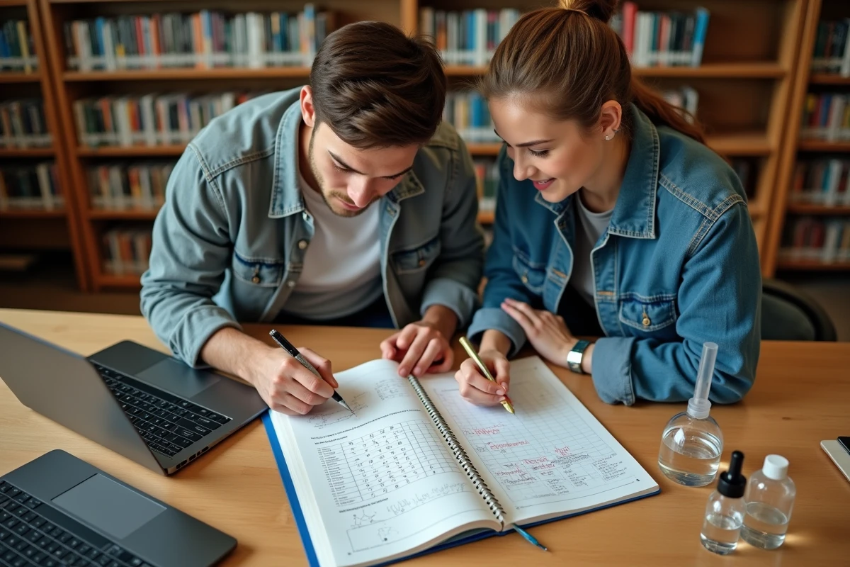Deux étudiants en chimie travaillant ensemble sur des exemples corrigés de calcul de concentration de mélange