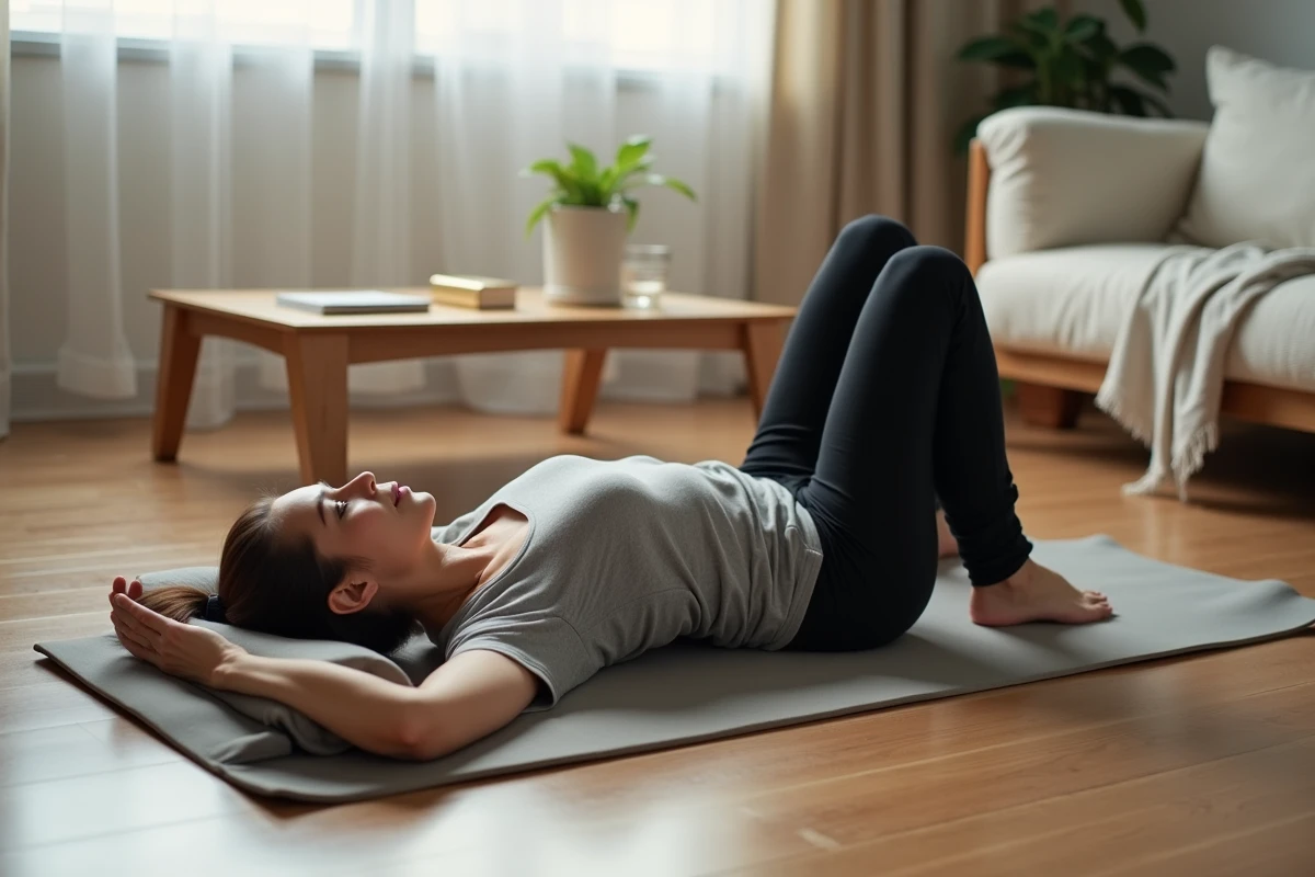 Femme pratiquant des exercices d'étirement pelvien doux à domicile pour soulager la névralgie pudendale sans chirurgie