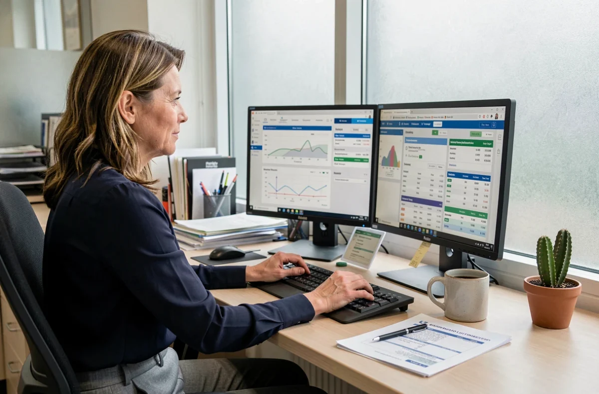 Gestionnaire de cabinet vétérinaire consultant un tableau de bord de facturation et de comptabilité sur ordinateur au bureau