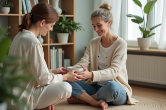 Femme assise recevant une acupuncture dans un salon calme
